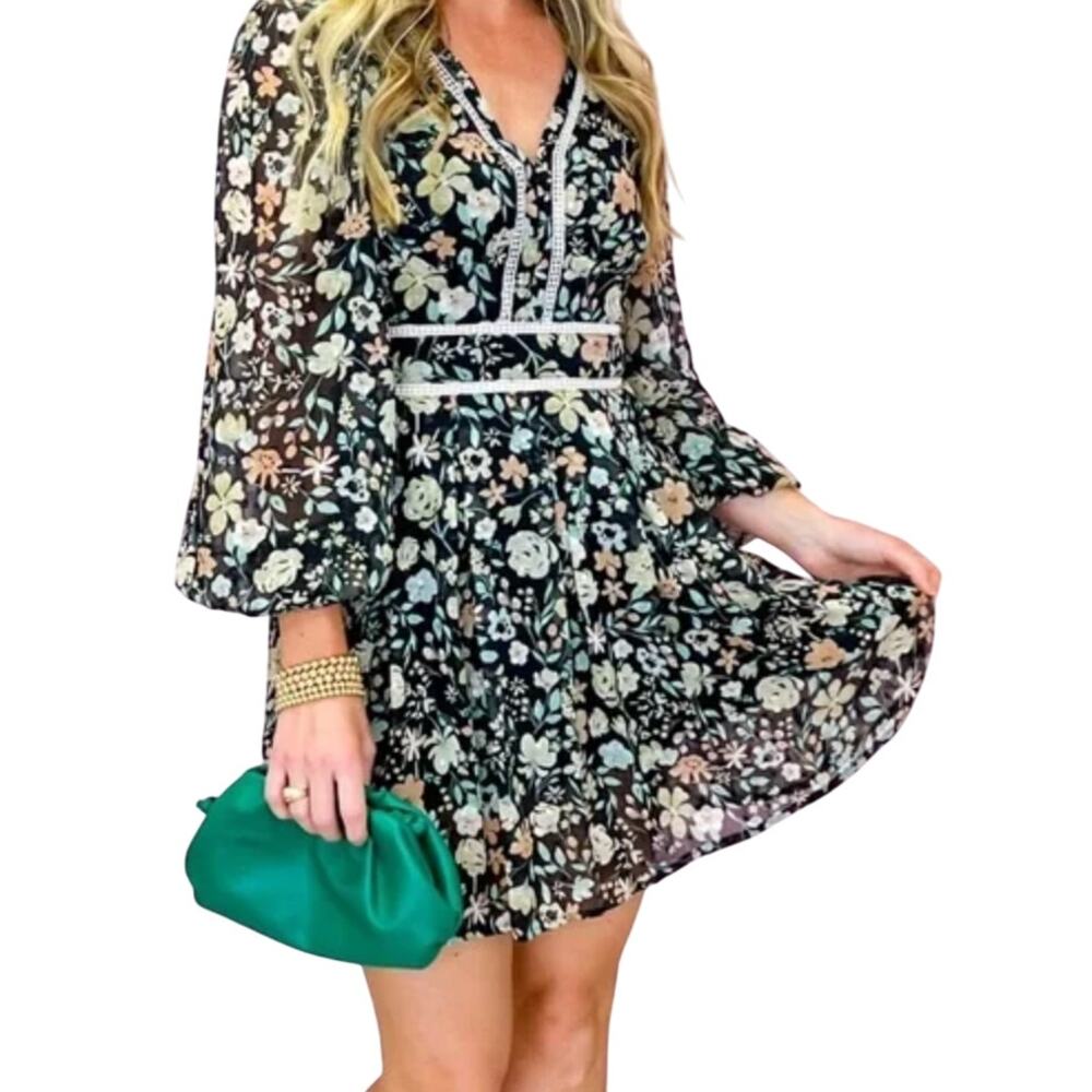 Black Floral Long Sleeve Dress